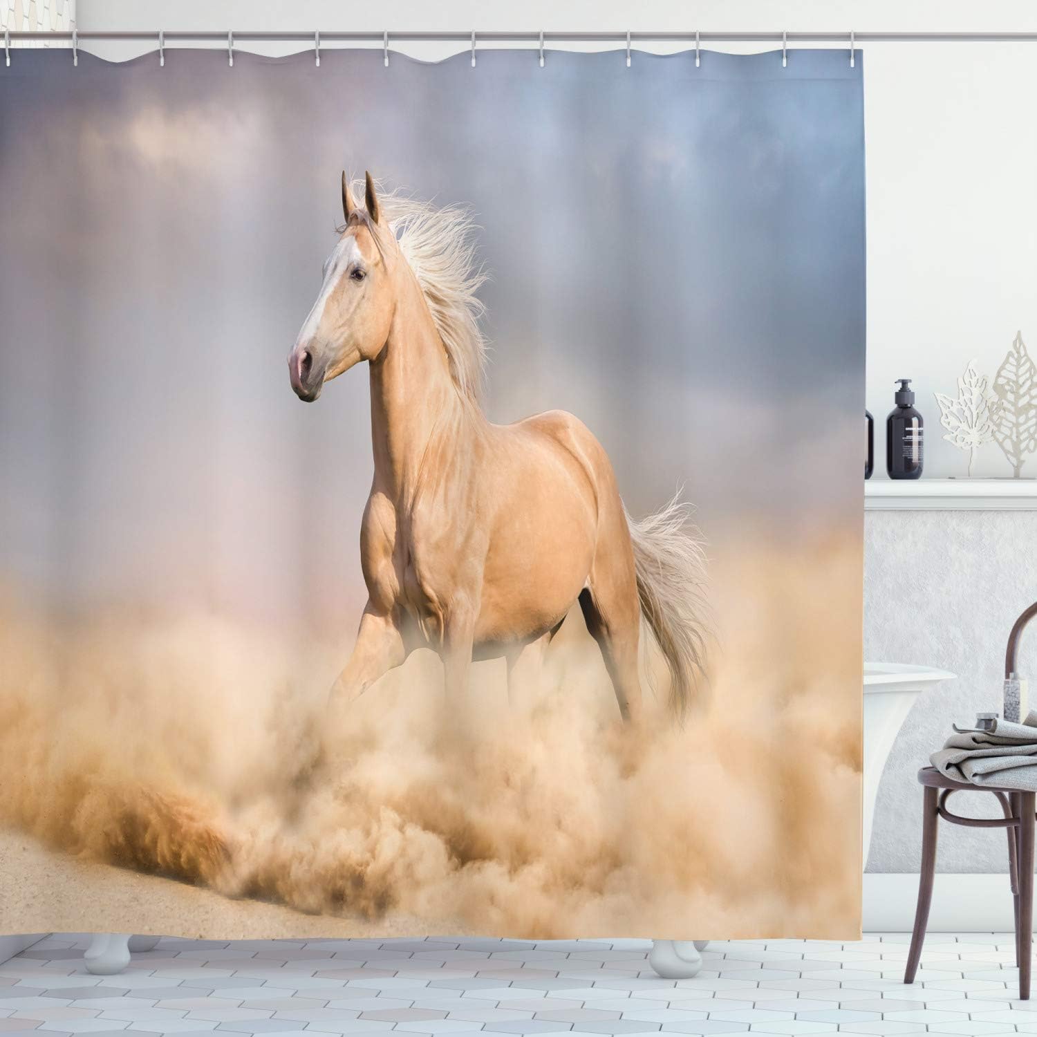 Palomino Horse Shower Curtain, Wild Blonde Male Hair Desert Animal for Bathroom Decor, Purple Grey and Peach Cloth Fabric