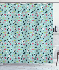 Panda Bears Koi Fishes Shower Curtain, Japanese Far Eastern Illustration Cloth Bathroom Decor in Multicolor