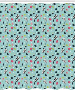 Panda Bears Koi Fishes Shower Curtain, Japanese Far Eastern Illustration Cloth Bathroom Decor in Multicolor