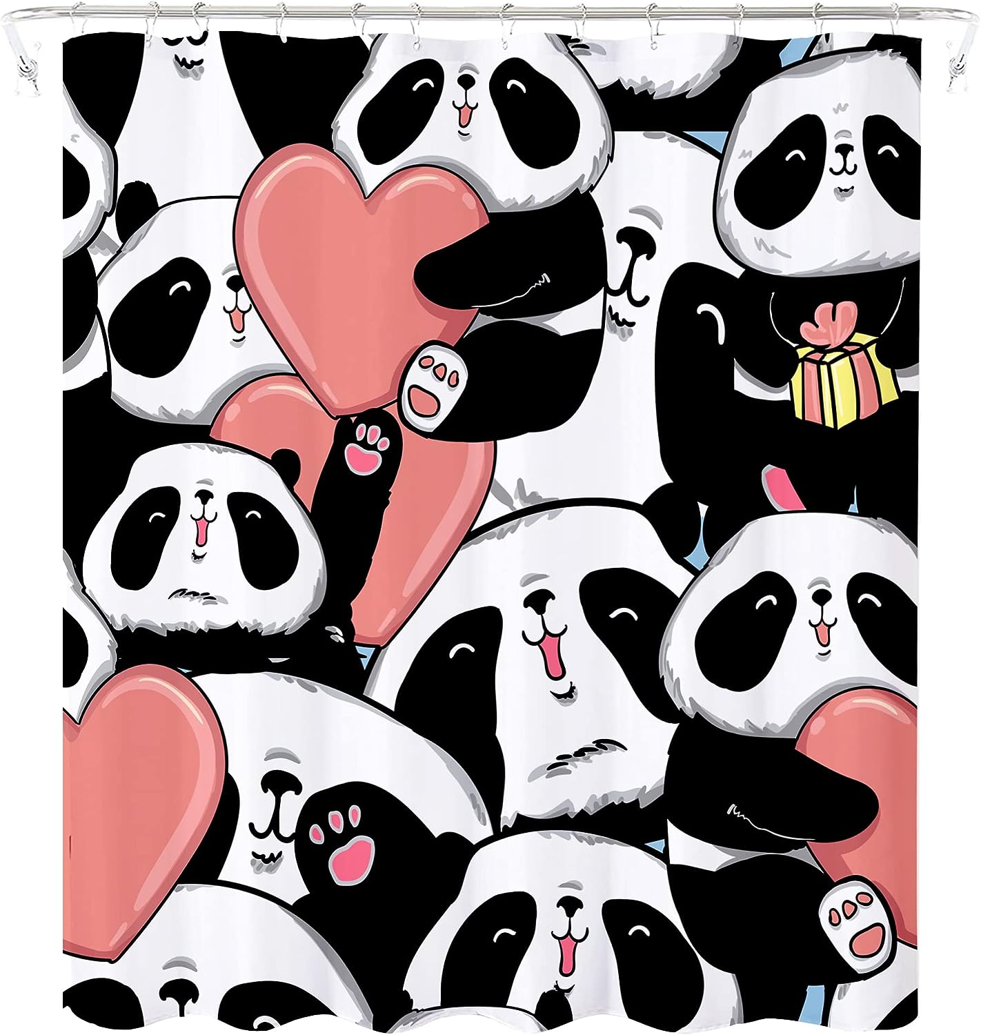 Panda Love Heart Shower Curtain - Cute Cartoon Animal Pink Bathroom Decor