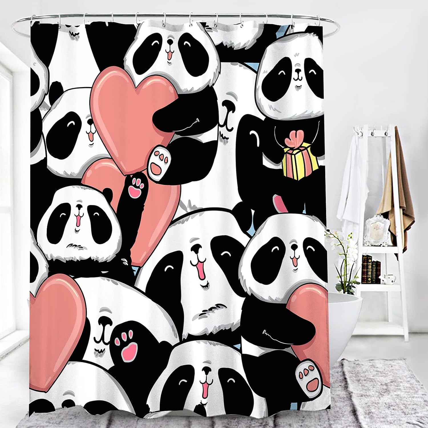 Panda Love Heart Shower Curtain - Cute Cartoon Animal Pink Bathroom Decor