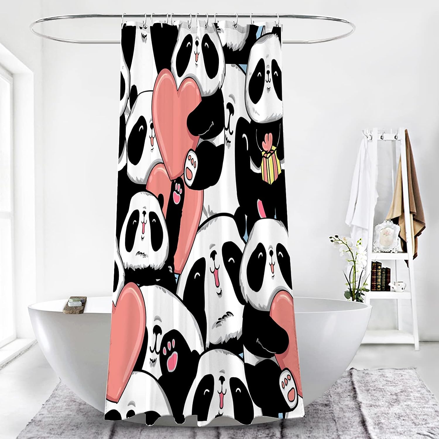 Panda Love Heart Shower Curtain - Cute Cartoon Animal Pink Bathroom Decor