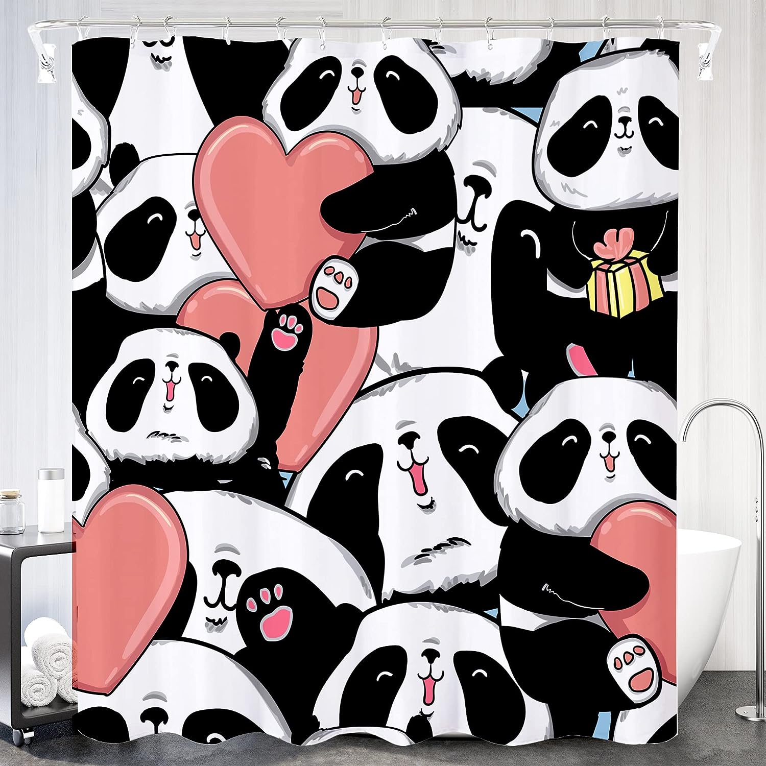 Panda Love Heart Shower Curtain - Cute Cartoon Animal Pink Bathroom Decor