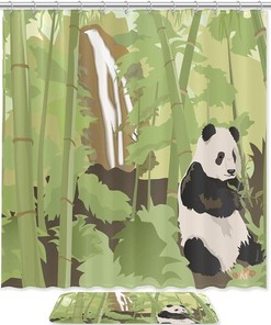 Panda and Waterfall Forest Shower Curtain with Microfiber Accents - Natural Bathroom Decor