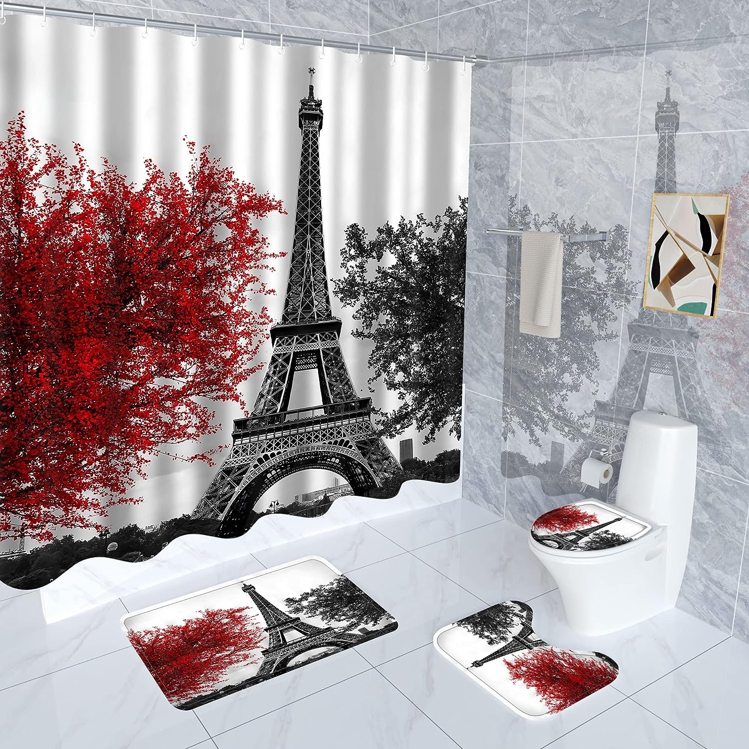 Paris Shower Curtain Set with Eiffel Tower for Chic Bathroom Decor