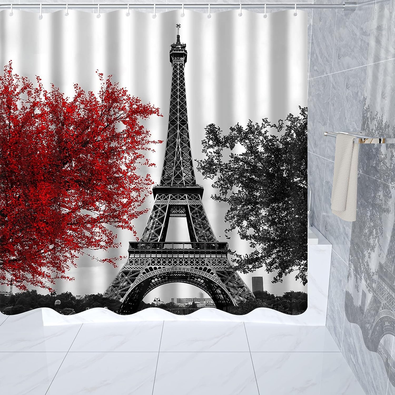 Paris Shower Curtain Set with Eiffel Tower for Chic Bathroom Decor