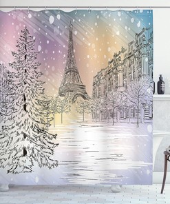Paris Winter Shower Curtain, Stormy Day in Idyllic Paris Streets and Eiffel Tower, Cloth Bathroom Decor, Pink and White 