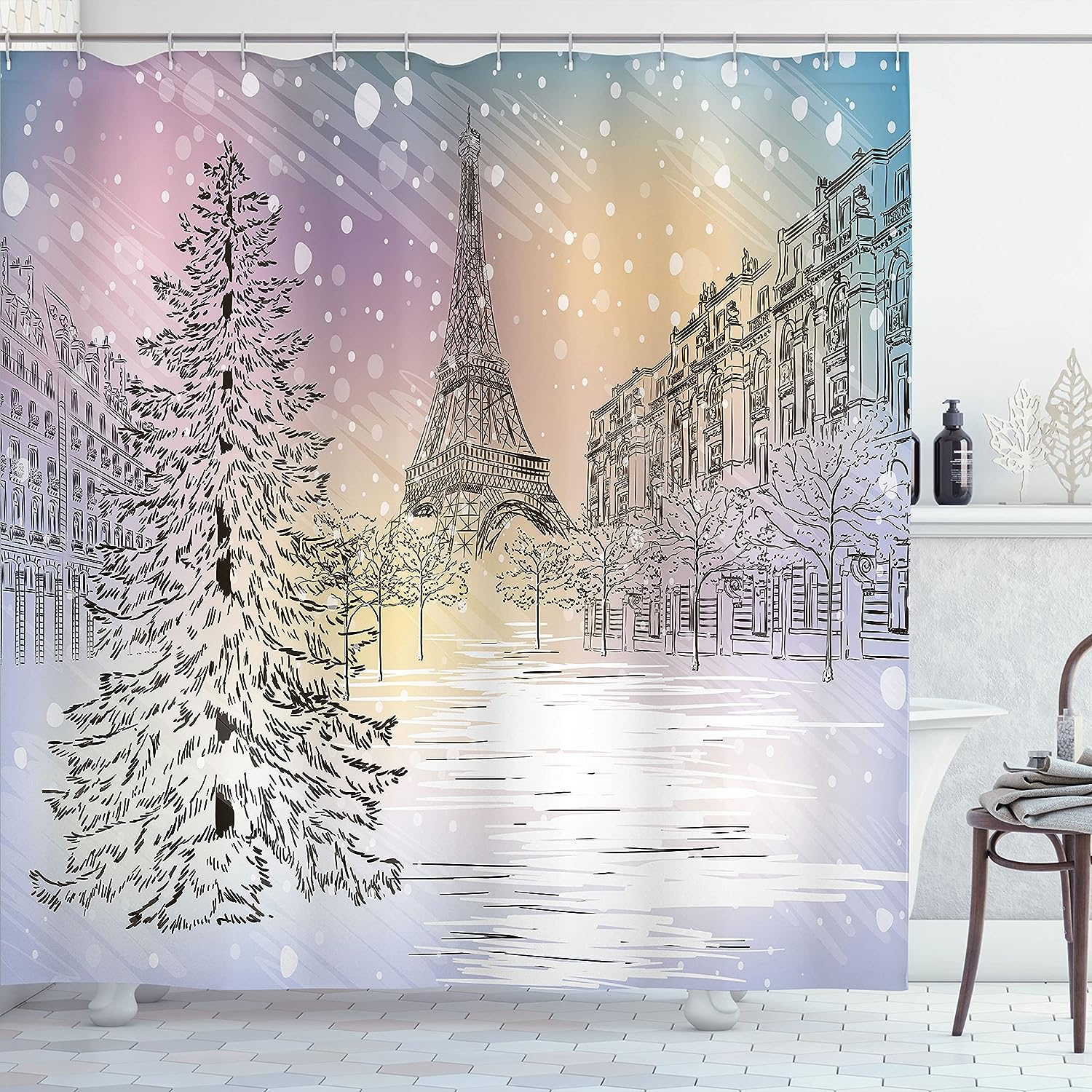 Paris Winter Shower Curtain, Stormy Day in Idyllic Paris Streets and Eiffel Tower, Cloth Bathroom Decor, Pink and White