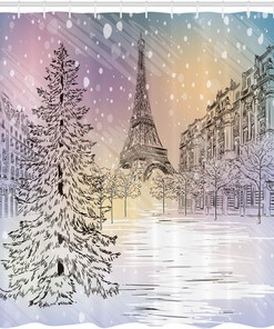 Paris Winter Shower Curtain, Stormy Day in Idyllic Paris Streets and Eiffel Tower, Cloth Bathroom Decor, Pink and White
