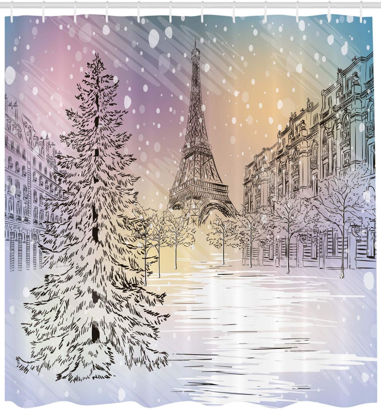 Paris Winter Shower Curtain, Stormy Day in Idyllic Paris Streets and Eiffel Tower, Cloth Bathroom Decor, Pink and White