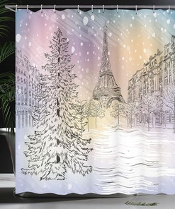 Paris Winter Shower Curtain, Stormy Day in Idyllic Paris Streets and Eiffel Tower, Cloth Bathroom Decor, Pink and White
