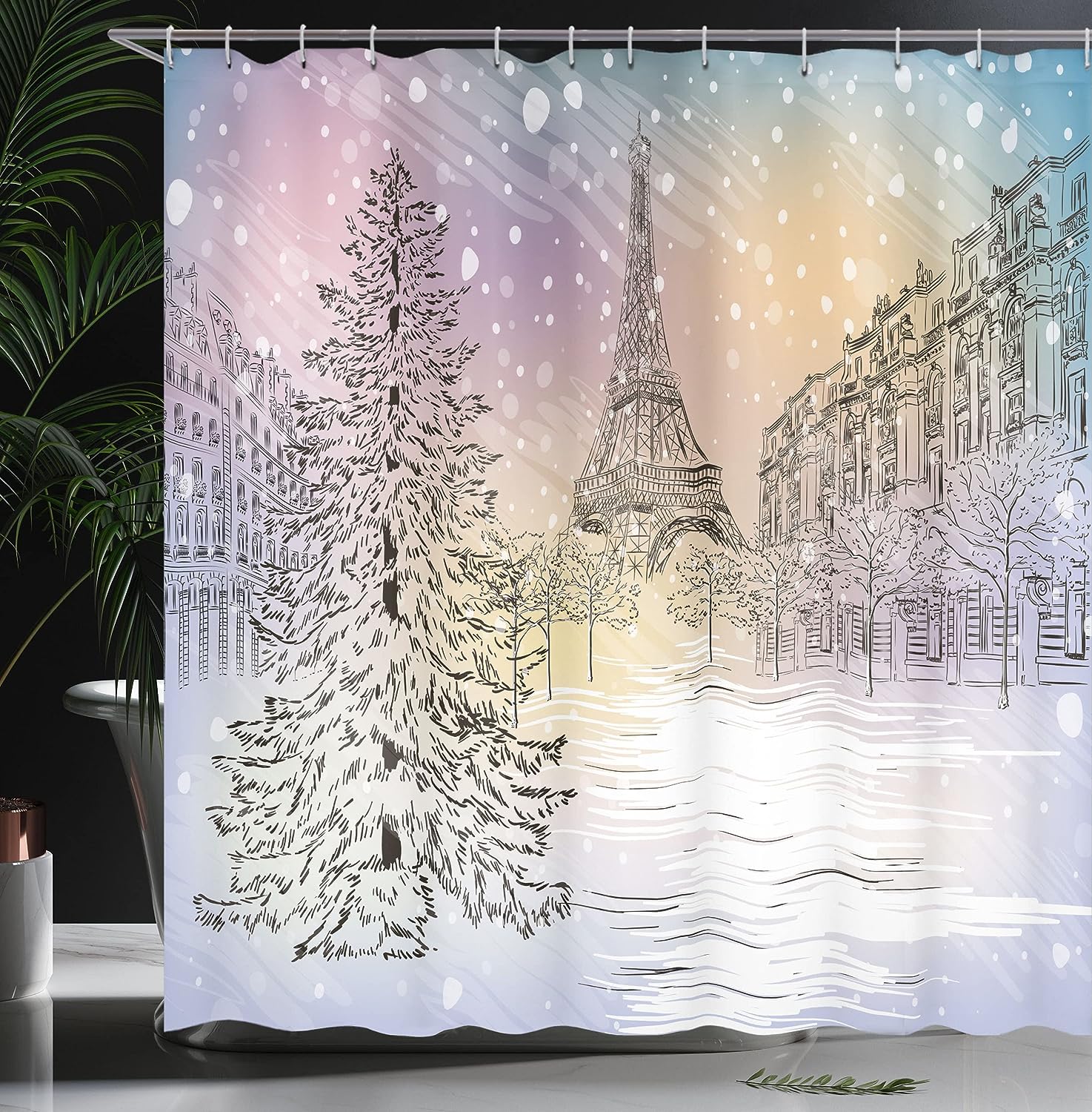 Paris Winter Shower Curtain, Stormy Day in Idyllic Paris Streets and Eiffel Tower, Cloth Bathroom Decor, Pink and White