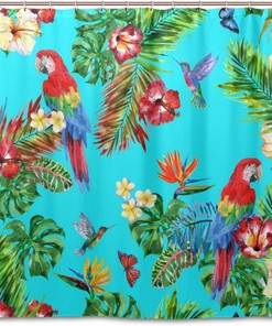 Parrot and Hummingbird Floral Shower Curtain for Tropical Bathroom Decor