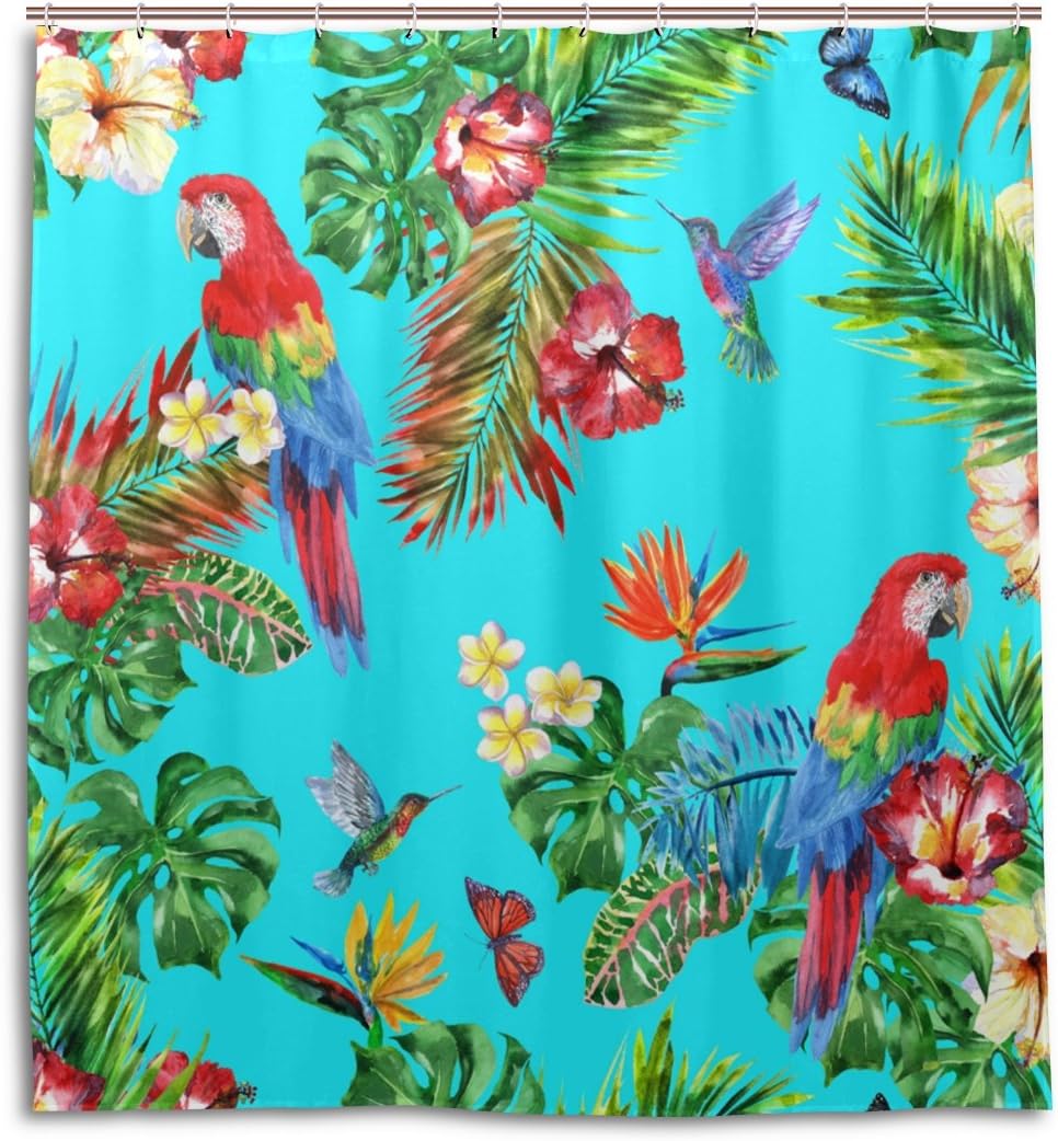 Parrot and Hummingbird Floral Shower Curtain for Tropical Bathroom