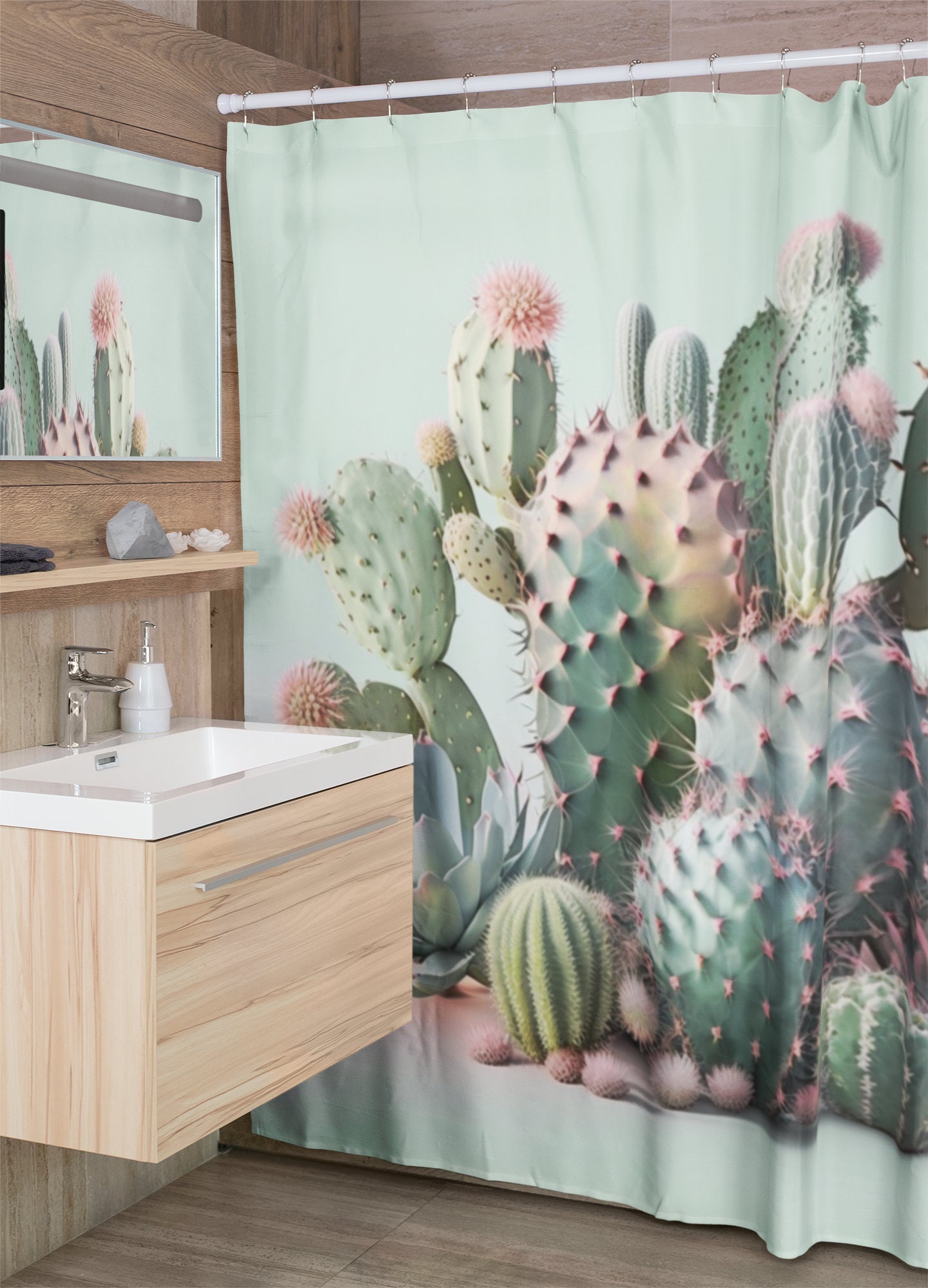 Pastel Green Cactus Boho Shower Curtain - Southwest Style and Nature's Touch