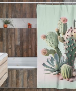 Pastel Green Cactus Boho Shower Curtain - Southwest Style and Nature's Touch