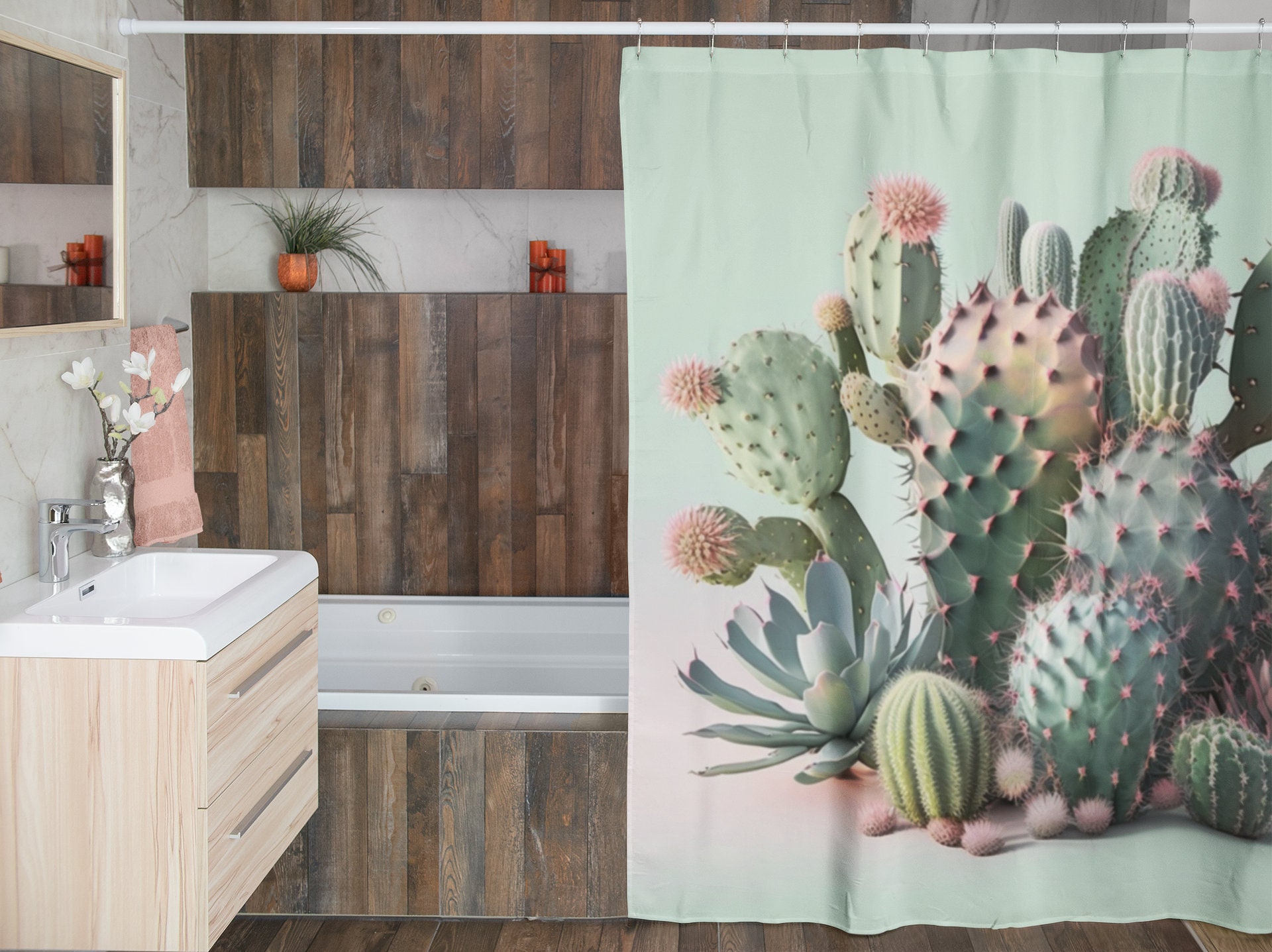 Pastel Green Cactus Boho Shower Curtain - Southwest Style and Nature's Touch