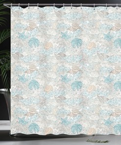Pastel Sea Shell Mollusk Nautical Shower Curtain Turquoise Tan Bathroom Decor