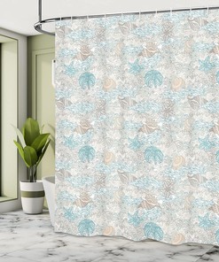 Pastel Sea Shell Mollusk Nautical Shower Curtain Turquoise Tan Bathroom Decor