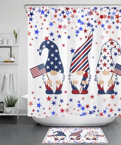 Patriotic Blue Red Star US Flag Gnome Shower Curtain - Bathroom Accessory with Unique Design
