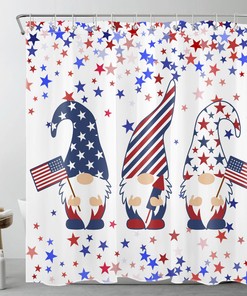 Patriotic Blue Red Star US Flag Gnome Shower Curtain - Bathroom Accessory with Unique Design