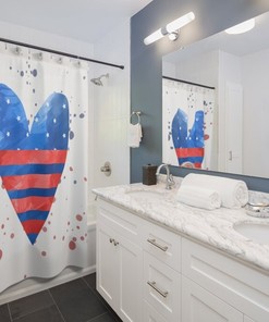 Patriotic Red, White and Blue Heart Splatter Shower Curtain for a 4th of July Bathroom Decor