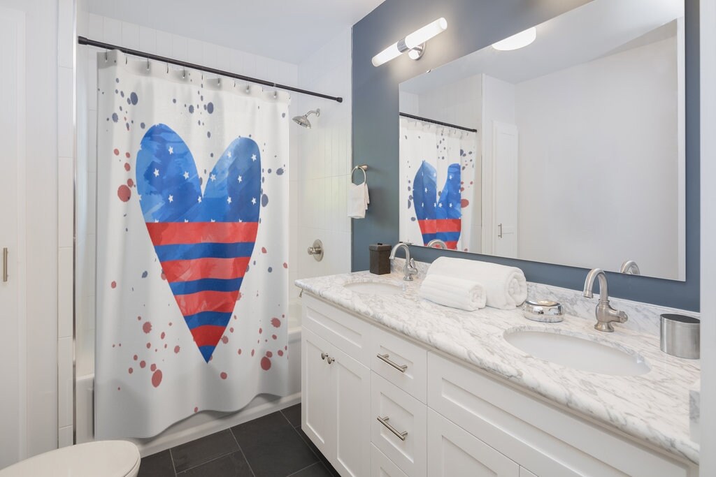 Patriotic Red, White and Blue Heart Splatter Shower Curtain for a 4th of July Bathroom Decor