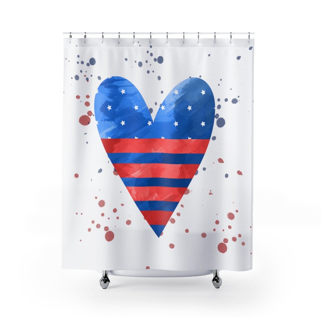 Patriotic Red, White and Blue Heart Splatter Shower Curtain for a 4th of July Bathroom Decor