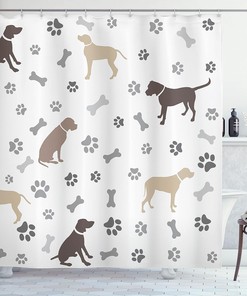 Paw Print Bones and Dog Silhouettes Shower Curtain, Cloth Bathroom Decor