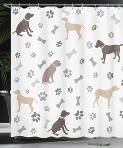 Paw Print Bones and Dog Silhouettes Shower Curtain, Cloth Bathroom Decor
