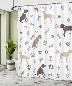 Paw Print Bones and Dog Silhouettes Shower Curtain, Cloth Bathroom Decor
