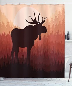 Peach Brown Moose Shower Curtain with Antlers and Abstract Landscape Design for a Rustic Bathroom Decor