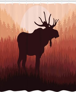 Peach Brown Moose Shower Curtain with Antlers and Abstract Landscape Design for a Rustic Bathroom Decor
