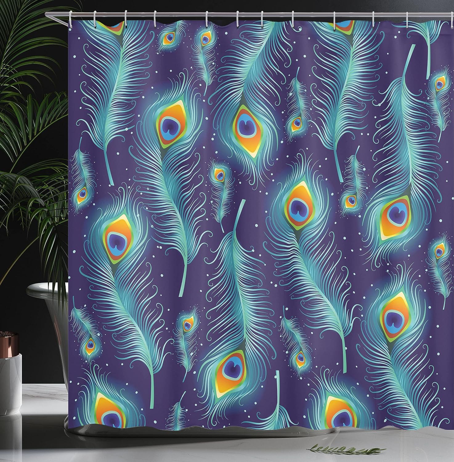 Peacock Bird Feathers Shower Curtain with Graphic Background Bathroom Decor