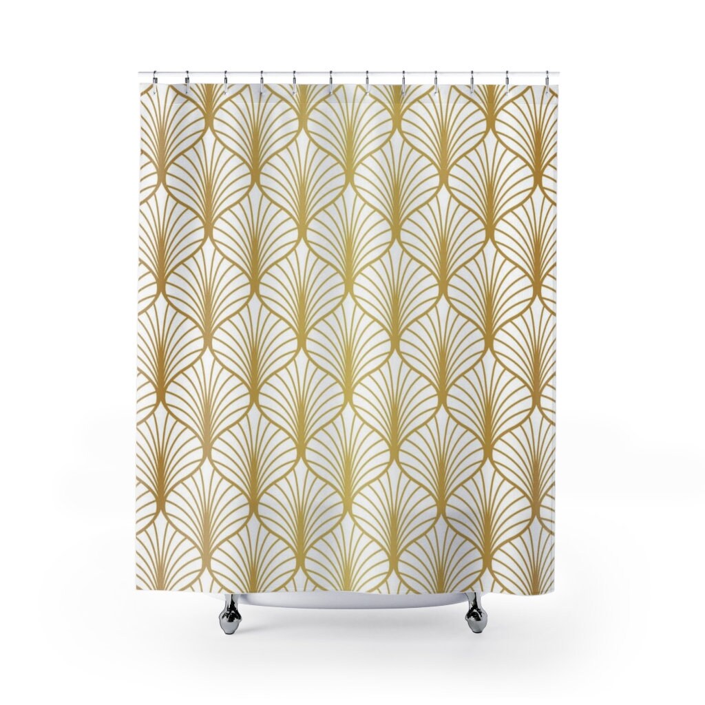 Peacock Fan Pattern Shower Curtain - Abstract Art Deco Chic Modern Bathroom Accessory in White and Gold