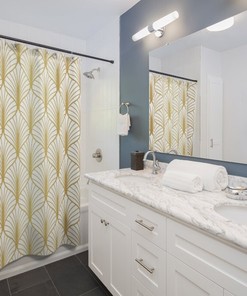 Peacock Fan Pattern Shower Curtain - Abstract Art Deco Chic Modern Bathroom Accessory in White and Gold