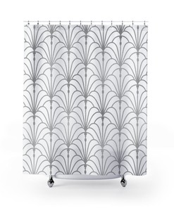Peacock Fan Pattern Shower Curtain - Abstract Art Deco Chic Modern Bathroom Accessory in White and Silver