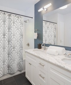 Peacock Fan Pattern Shower Curtain - Abstract Art Deco Chic Modern Bathroom Accessory in White and Silver
