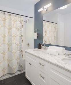 Peacock Fan Pattern Shower Curtain - Fresh Modern Bath Deco Abstract Art Deco in White and Gold