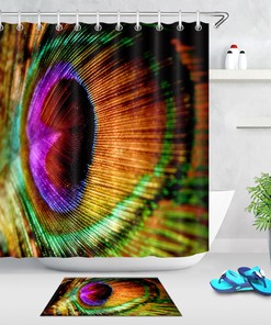 Peacock Feather Shower Curtain Colorful Bathroom Hooks