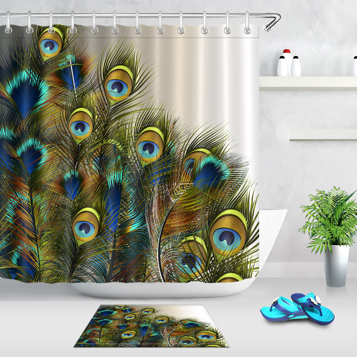Peacock Feathers Shower Curtain, Blue and Green Color Scheme
