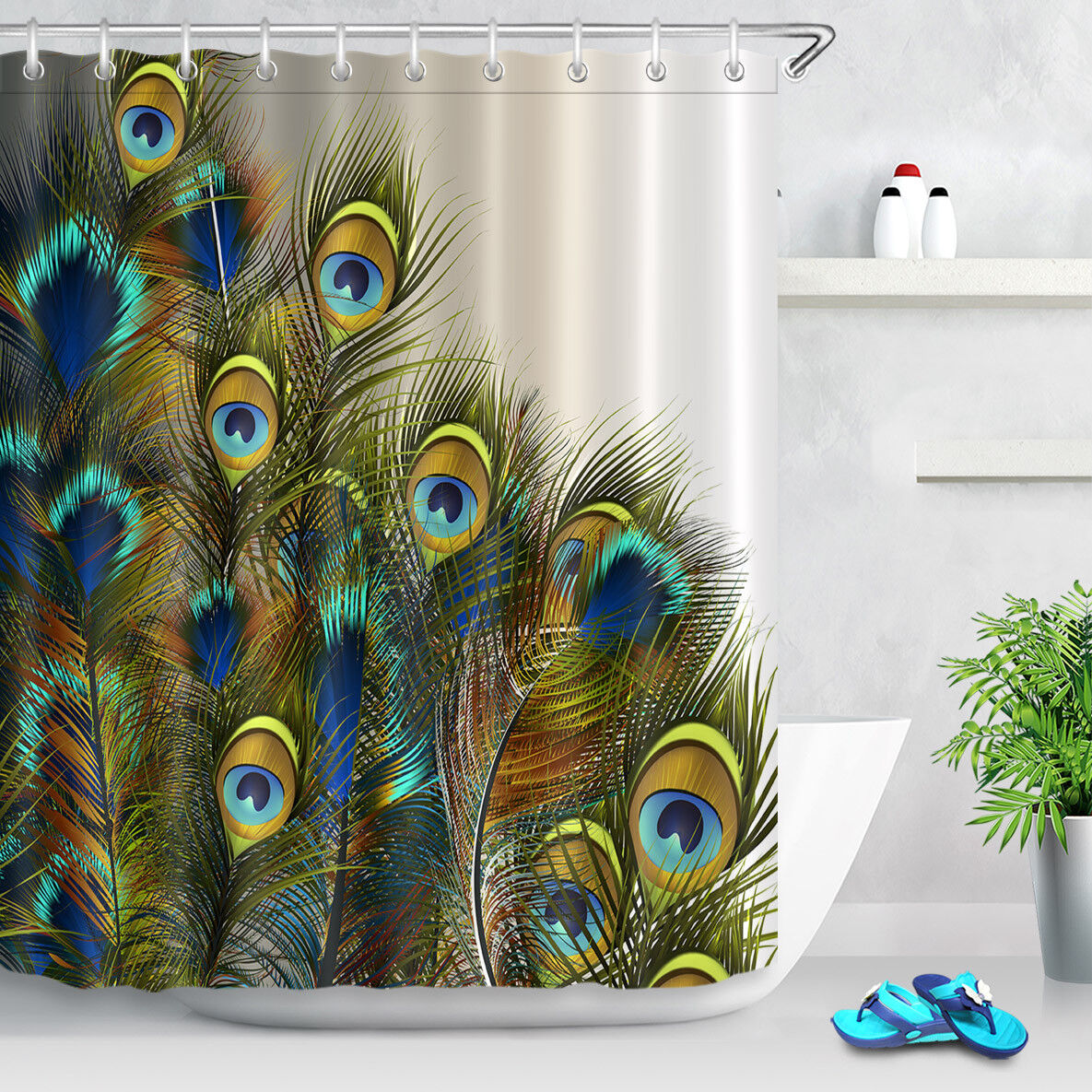Peacock Feathers Shower Curtain, Blue and Green Color Scheme