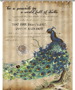 Peacock Flower Motto Vintage Shower Curtain Liner Restroom Bathroom Decor