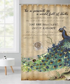 Peacock Flower Motto Vintage Shower Curtain Liner Restroom Bathroom Decor