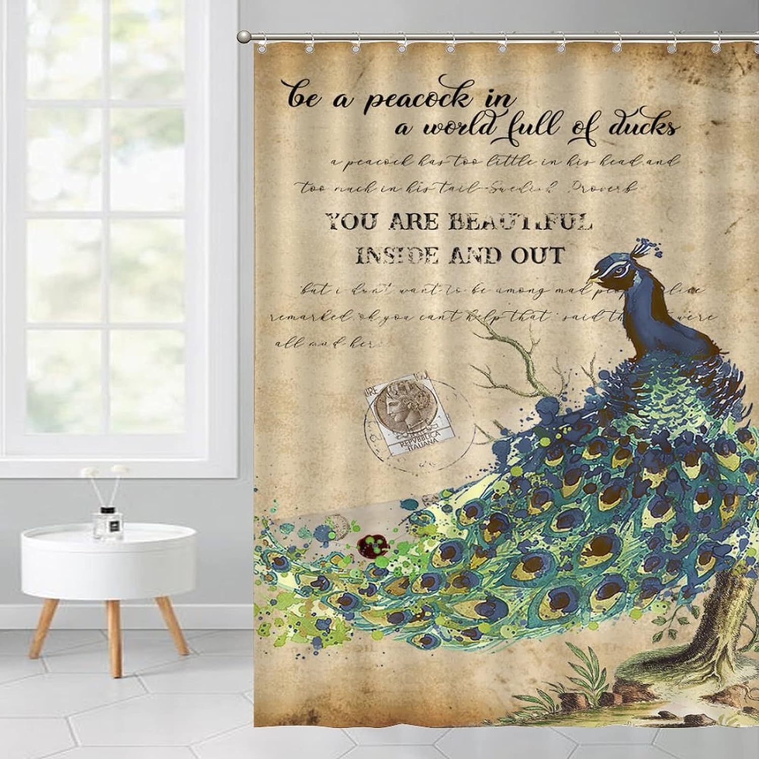 Peacock Flower Motto Vintage Shower Curtain Liner Restroom Bathroom Decor
