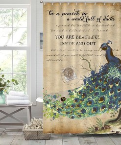 Peacock Flower Motto Vintage Shower Curtain Liner Restroom Bathroom Decor