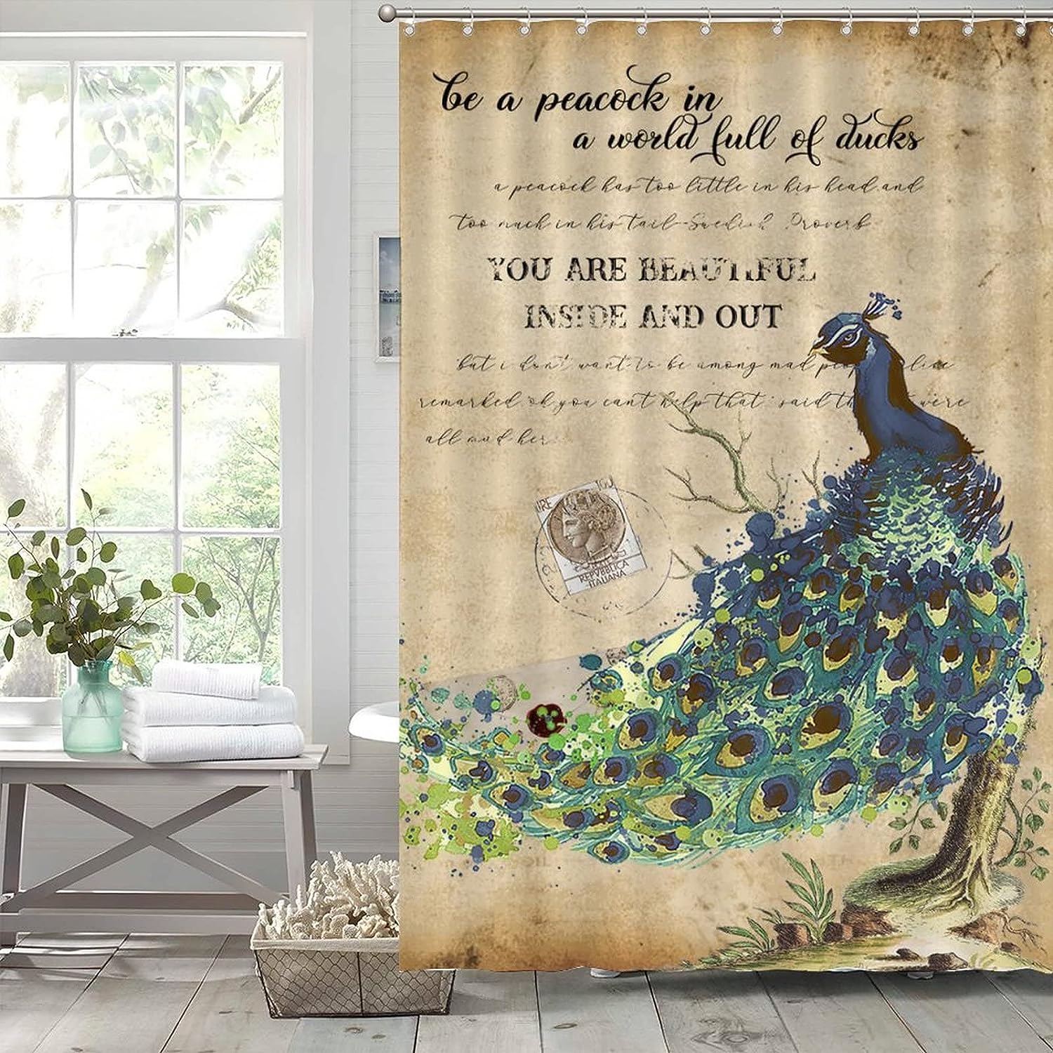 Peacock Flower Motto Vintage Shower Curtain Liner Restroom Bathroom Decor