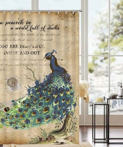 Peacock Flower Motto Vintage Shower Curtain Liner Restroom Bathroom Decor