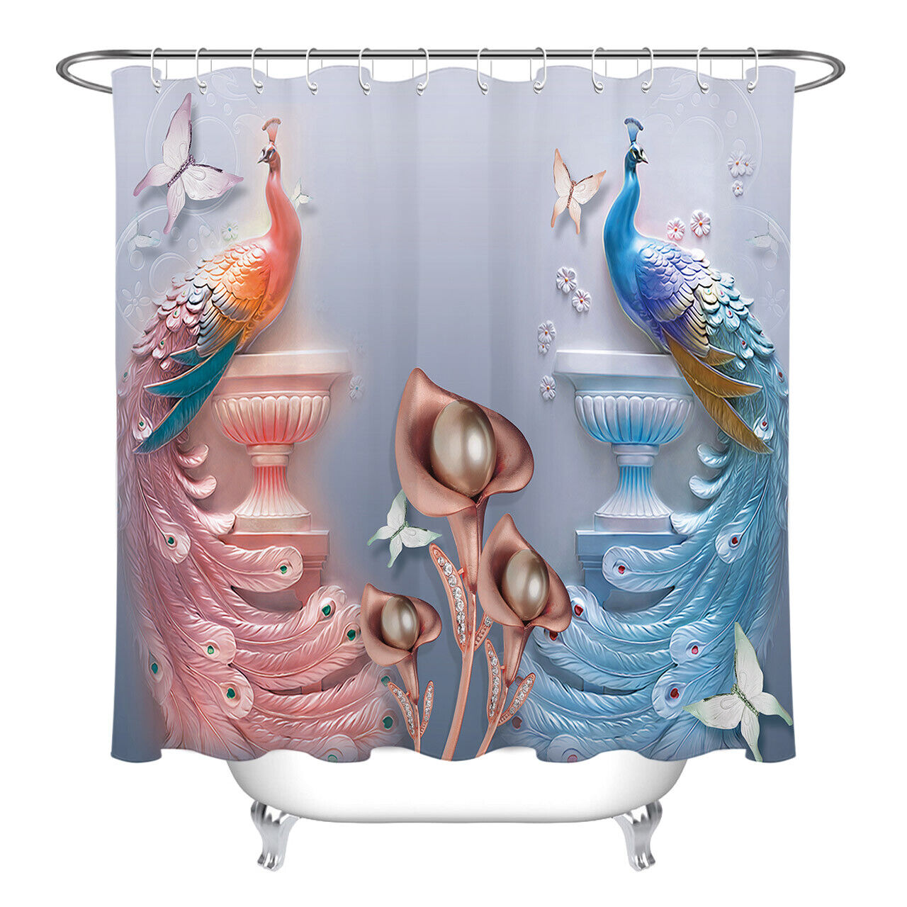 Peacock Flowers Butterfly Shower Curtain for Elegant Bathroom Decoration