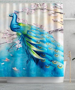 Peacock Waterproof Bathroom Shower Curtain with Beautiful Blue Design